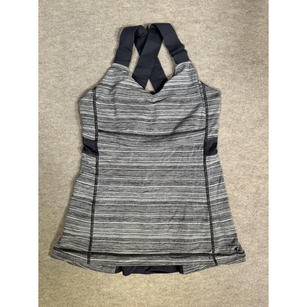 Lululemon Tank Top Womens 6 Gray Stripe Crossback Built In Bra Yoga Athletic